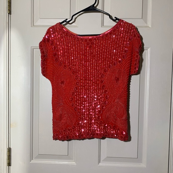 Vintage silk beaded red hearts top small valentines - Picture 1 of 5